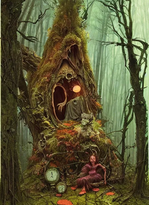 Image similar to a hyper realistic witch shrine in the woods gorgeous lighting, lush forest foliage painting by chiara bautista and beksinski and norman rockwell and greg rutkowski weta studio, and lucasfilm