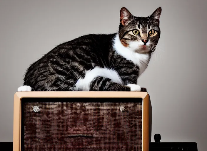 Image similar to photography of a Cat sitting on a record player. in a room full of posters, photorealistic, raining award winning photo, 100mm, sharp, high res