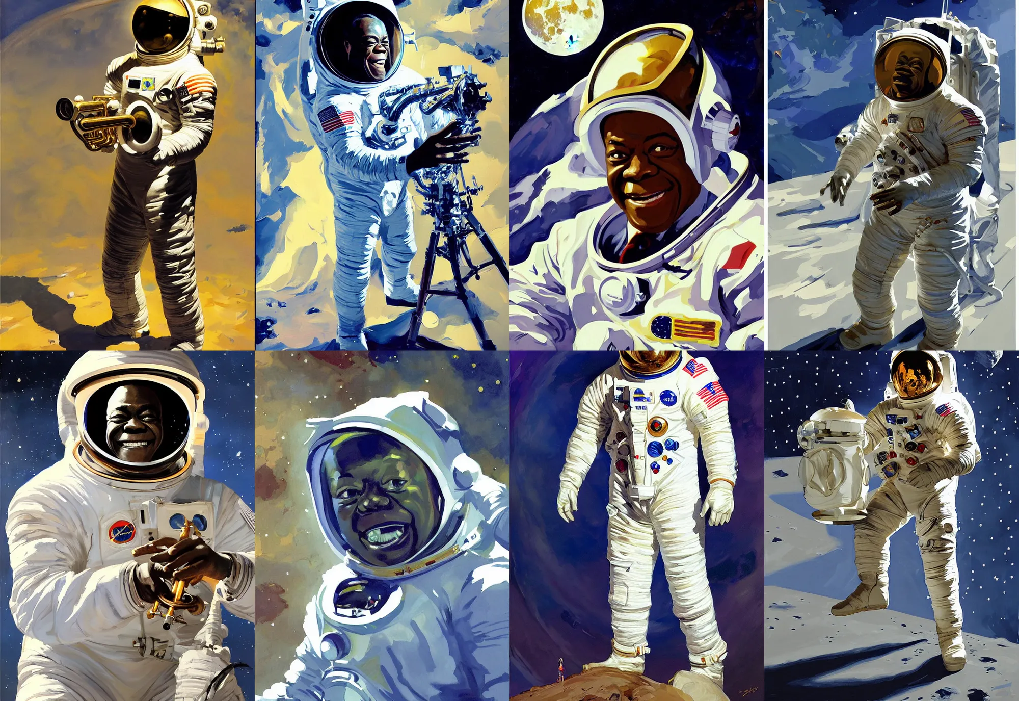 Prompt: a portrait of louis armstrong wearing a space suit on the moon, by greg manchess and john singer sargent and jonathan yeo, dramatic lighting, highly detailed digital painting