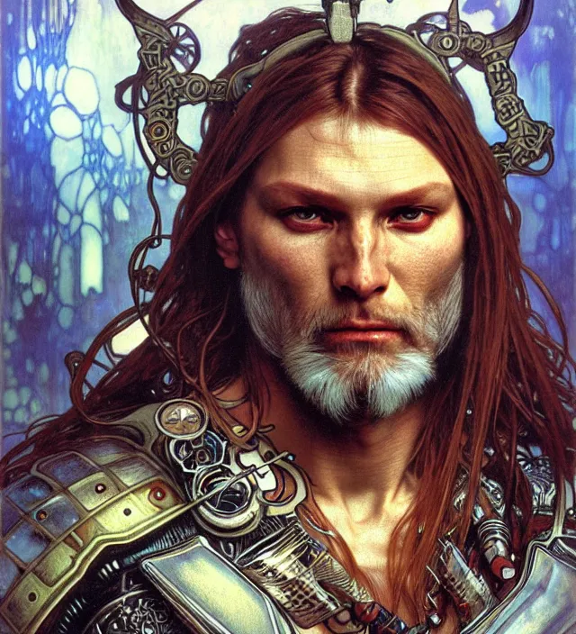 Prompt: realistic detailed face portrait of a grizzled futuristic viking warrior in alien cyberpunk armor by alphonse mucha, ayami kojima, amano, greg hildebrandt, and mark brooks, male, masculine, art nouveau, cyberpunk, neo - gothic, gothic, character concept design