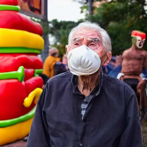Prompt: an elderly man wearing a mask made from a hotdog, bold natural colors, national geographic photography, masterpiece, 8 k, raw, unedited, symmetrical balance
