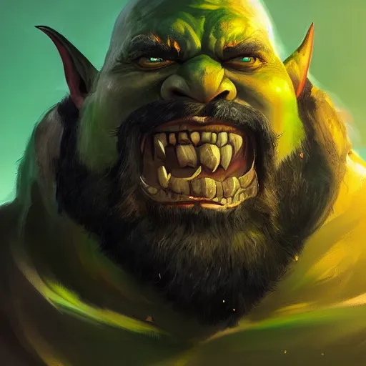 Image similar to Portrait of a warcraft orc, green skin, black beard, bald, fierce and wild look, mattepainting concept Blizzard pixar maya engine on stylized background splash comics global illumination lighting artstation lois van baarle, ilya kuvshinov, rossdraws