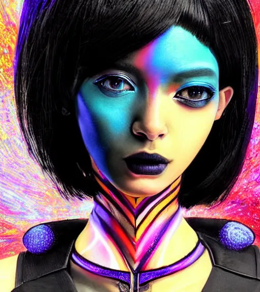 Prompt: very beautiful closeup portrait of a black bobcut hair style futuristic neytiri in a blend of manga - style art and photorealism, augmented with vibrant composition and color, all filtered through a cybernetic lens, by hiroyuki mitsume - takahashi and noriyoshi ohrai and annie leibovitz, dynamic lighting, flashy modern background with black stripes