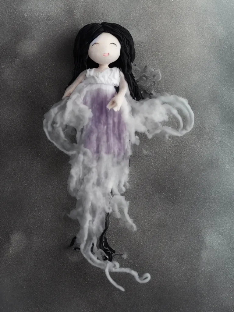 Image similar to cute fumo plush doll of an otherworldly translucent jellyfish goth maiden girl floating in the deep sea, mysterious tattered black tendrils and dress, wisps of volumetric fog and smoke, vignette, bokeh, vray