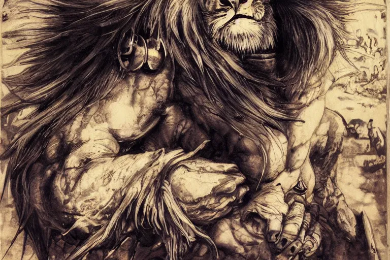 Image similar to 8k Yoshitaka Amano painting of upper body of a young cool looking lion beast-man at a medieval market at windy day. White mane, Depth of field. He is wearing complex fantasy armors. He has huge paws. Renaissance style lighting.