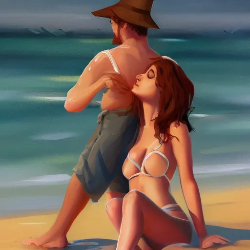 Image similar to a beautiful couple relaxing on the beach, studio ghibi, Trending on artstation