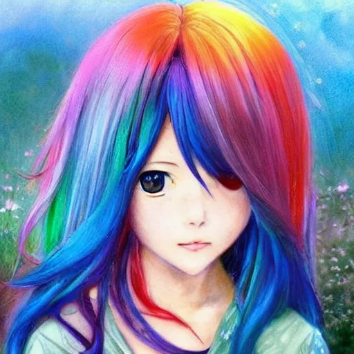 Prompt: Cute young girl in anime style with rainbow hair in the style of Tsukumizu, pixiv, pinterest anime, art by Steve Hanks, art by Alyssa Monks, endless summer art, realistic, wide focus, 8k ultra, insanely detailed, intricate, elegant, art by Laurie Lipton, digital art by James Clyne, art by Steve Hanks