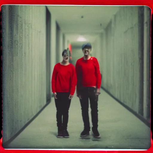 Image similar to polaroid portrait of a ghots in red clothes, staying in concrete corridor, dark, moody, scary, paranoid