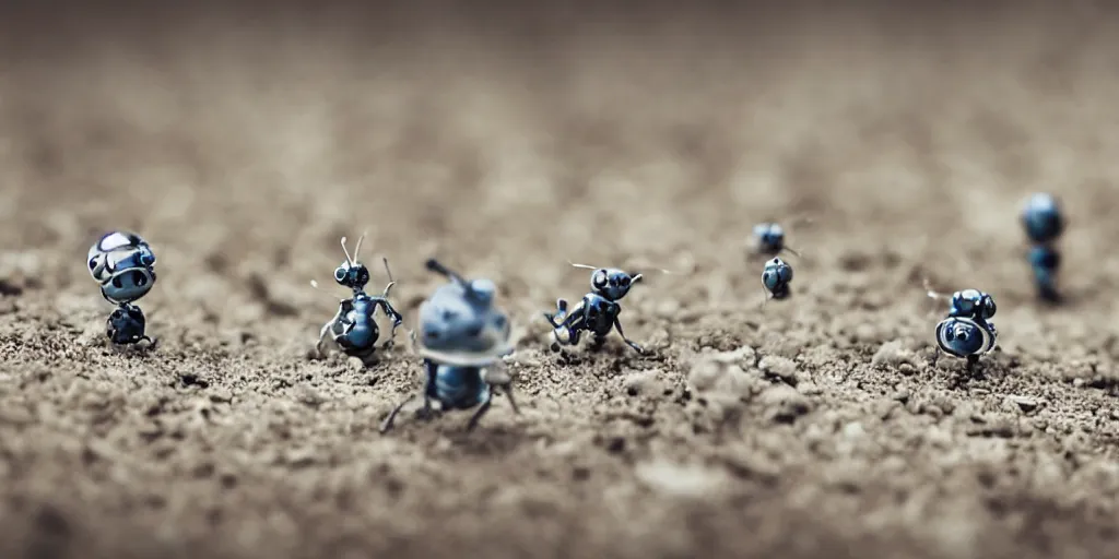 Image similar to macro photography of amazing tiny adorable nanobots in a kung fun battle in a macro ghost town