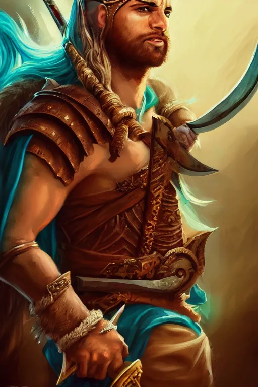 Image similar to ! dream character portrait of ahmad jannati as magic barbarian with a third eye on the forehead and body warpaint, dungeons and dragons cover artwork, dynamic composition, dramatic lighting, trending on artstation, award winning art, stylized painting by sophie anderson, leonardo da vinci and raphael, concept art, 4 k, 8 k, gold and teal color scheme