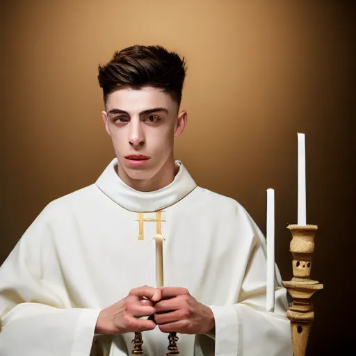 Image similar to attractive kai havertz wearing priest outfit holding intricate ivory candlestick. natural lighting by ruan jia, portrait. 8 k high definition