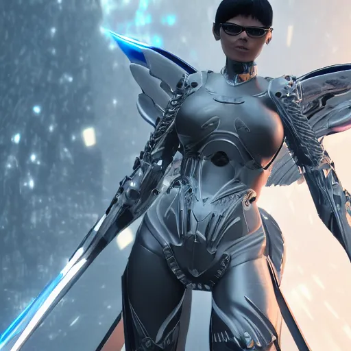 Image similar to futuristic angel wearing high tech armor, bayonetta, rendered in unreal engine, ultra realistic, 4k