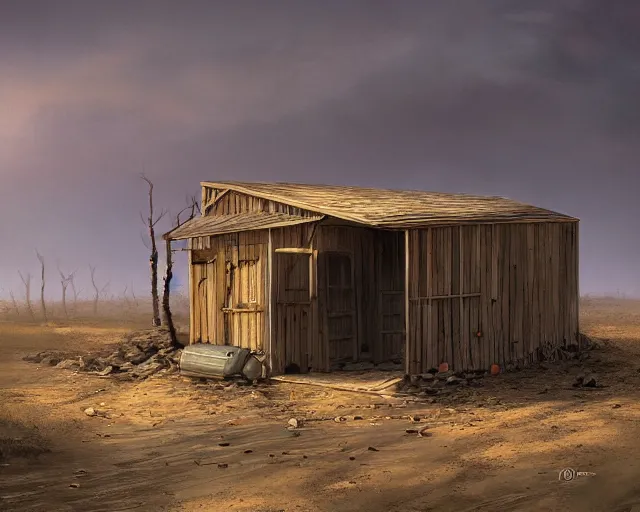 Prompt: dusty wasteland with an old wooden shanty shack, derelict, michael whelan, artstation, photorealism