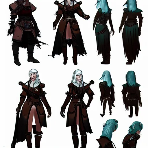 Image similar to character concept art sheet the witcher 3 female, turnaround, concept art, sketchy style