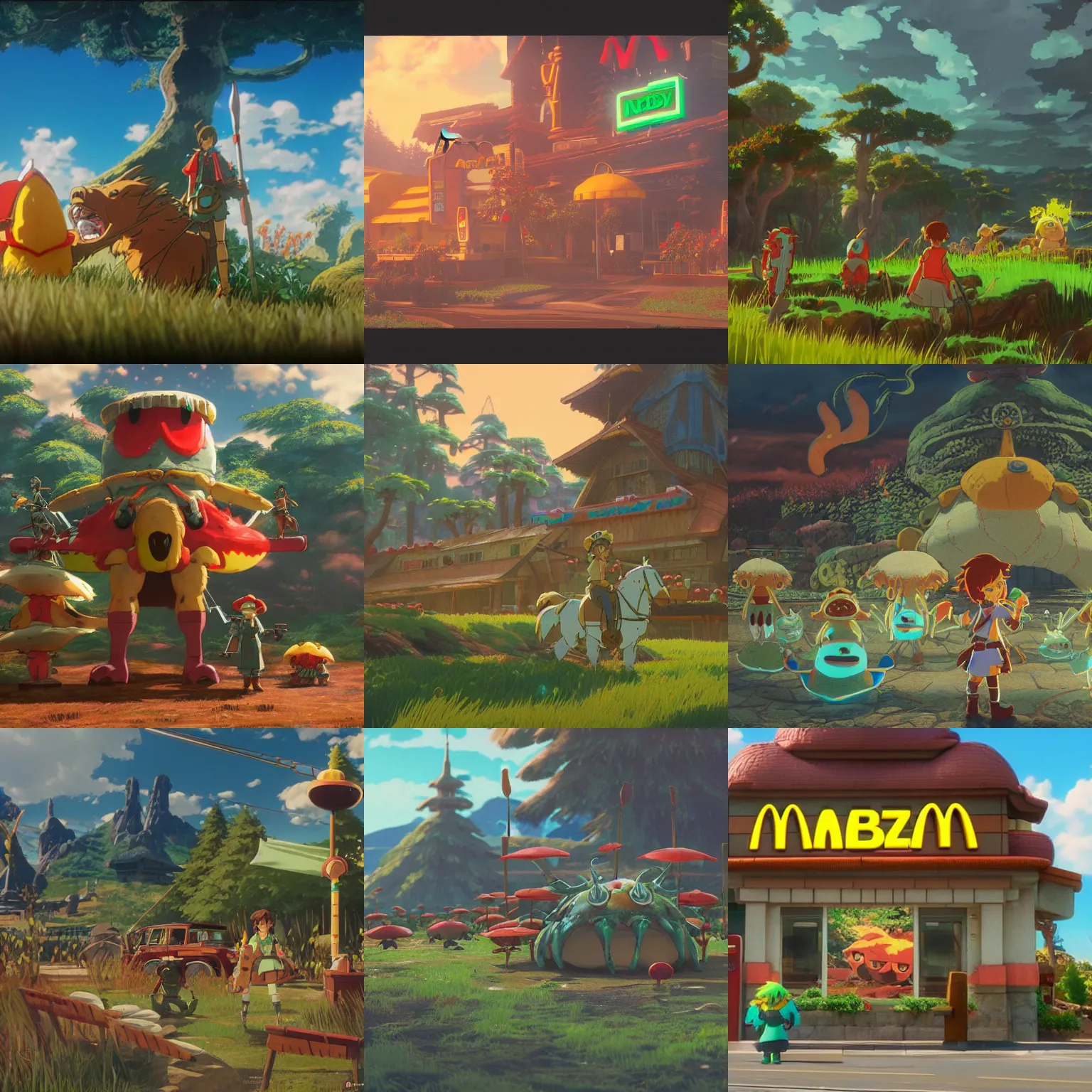 Prompt: mcdonalds, by Miyazaki Nausicaa Ghibli, breath of the wild style, epic composition Trending on Artstation, octane render, Insanely Detailed, 8k, HD