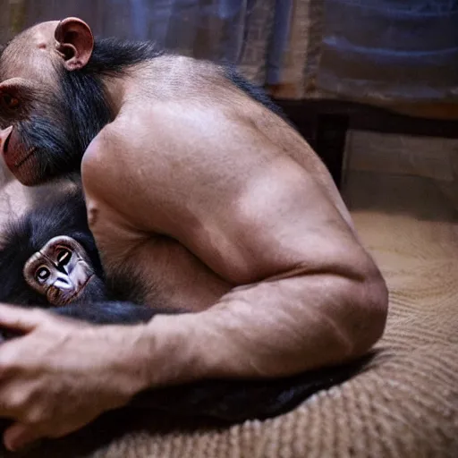 Image similar to kurdish man tucks his pet chimpanzee into bed, in a movie directed by christopher nolan, movie still frame, promotional image, imax 7 0 mm footage, strong and imposing