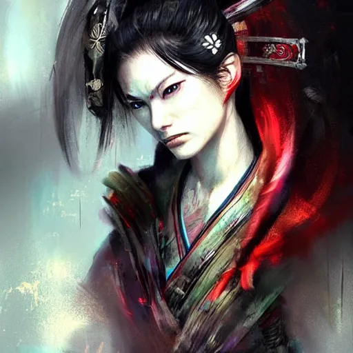 Image similar to beatiful female samurai in the style of Raymond Swanland