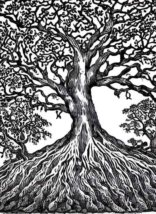 Image similar to gnarled tree of life on white background with white space around the tree, art by james o barr and albrecht durer, woodblock print, engraved, black and white, vector, vector art