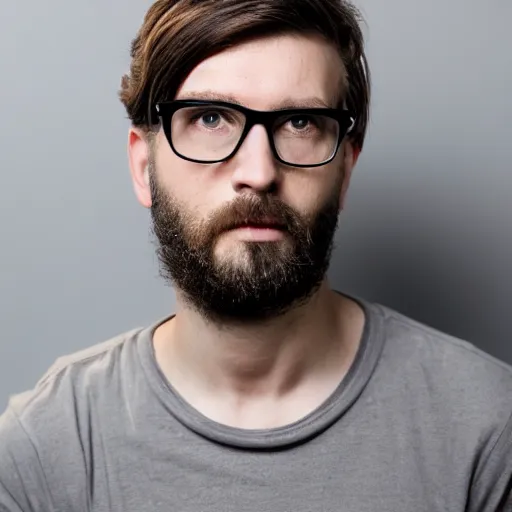Prompt: a mugshot of a young Caucasian man with a scraggly beard, grey t-shirt, grey eyes, brown hair, glasses