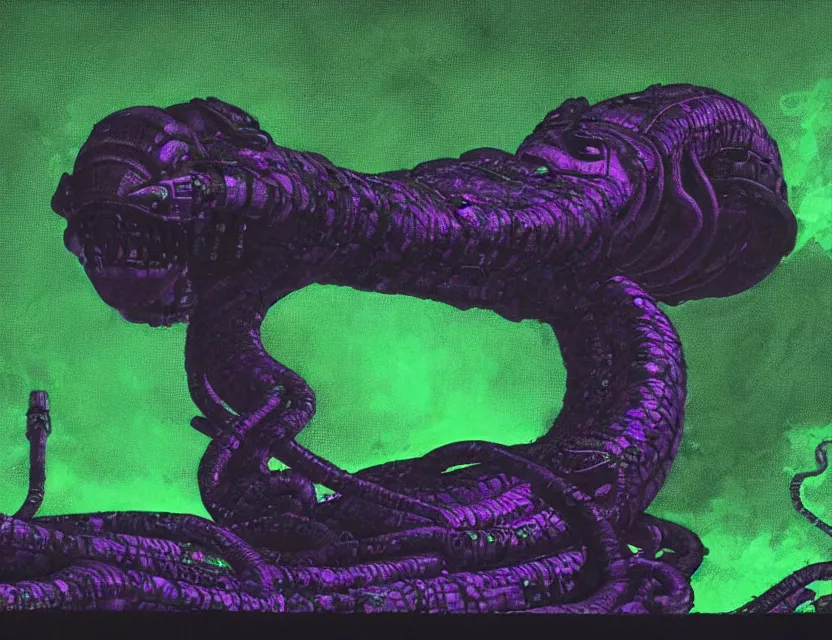 Image similar to a close - up view portrait of a silhouetted supernatural laser snake in brutalist halls with metallic alien technology. close - up view, detailed textures. glowing green purple fog, dark black background. poison skull face, highly detailed fantasy science fiction painting by moebius, norman rockwell, frank frazetta, and syd mead. rich colors, high contrast