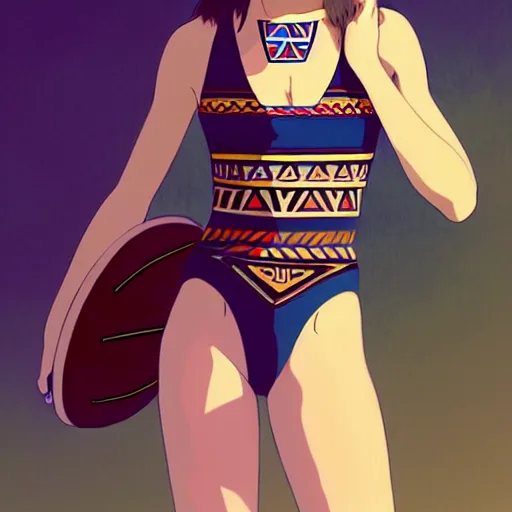 Image similar to beautiful boyish natalie portman alluring gravure model, wearing aztec wooden mask helmet cap and leotard, elegant bulky aztec football gear subtle mayan patterns, elegant aztec bathing suit, gapmoe yandere grimdark, trending on pixiv fanbox, painted by greg rutkowski makoto shinkai takashi takeuchi studio ghibli, akihiko yoshida