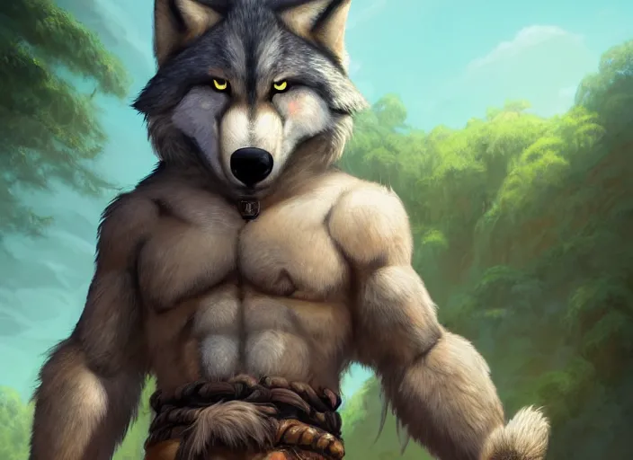 Image similar to burly character portrait feature of the anthro male anthropomorphic wolf fursona animal person wearing tribal primitive caveman outfit belt standing in the entrance to the cave, center framed character design stylized by charlie bowater, ross tran, artgerm, makoto shinkai, detailed, soft lighting, rendered in octane