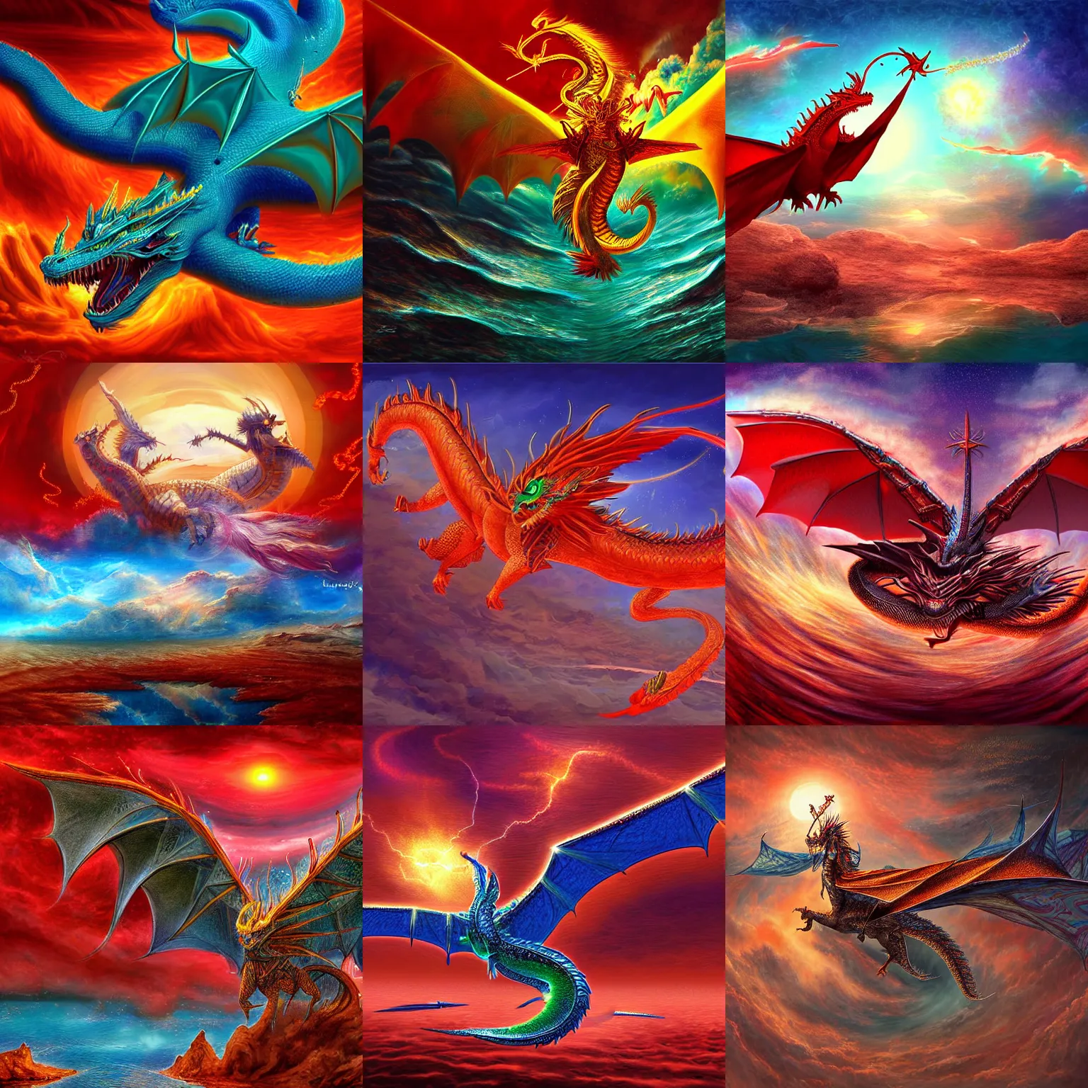 Prompt: a lighting stars intricate dragon, flying over a red sea, advanced digital painting, surrealism