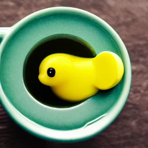 Prompt: a cup of green tea with a rubber duck bathing inside it