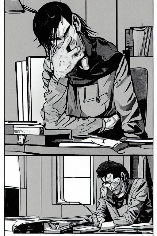 Image similar to 1 9 7 9 sci - fi portrait of neo sleeping at his desk. simple stylized cyberpunk photo from the matrix ( 1 9 9 9 ) by josan gonzalez.