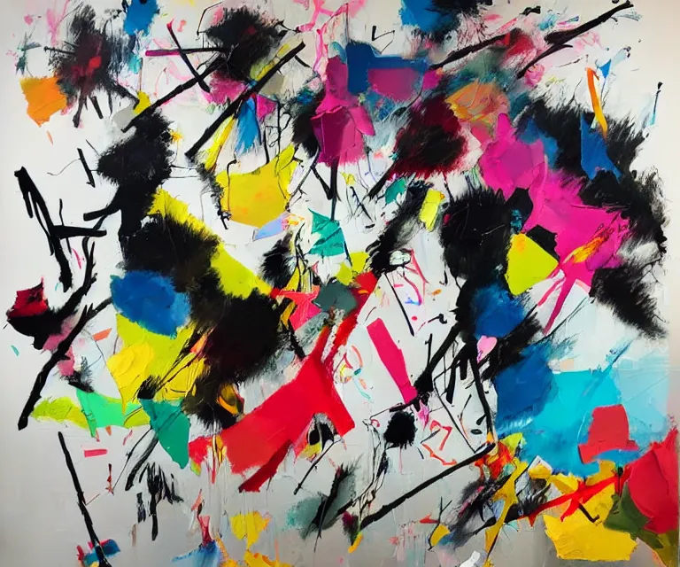 Prompt: abstract expressionist painting, paint drips, acrylic, graffiti throws, wildstyle, clear shapes, maximalism, smeared flowers, origami crane drawings, oil pastel gestural lines, large triangular shapes, painting by ashley wood, wassily kandinsky