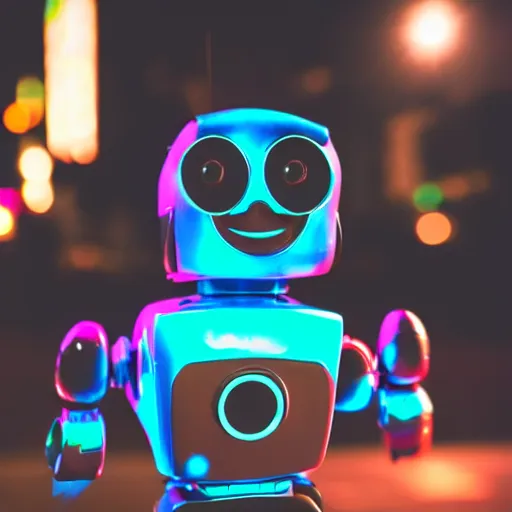 Prompt: macro shot of a robot smiling downtown at night, heavy depth of field