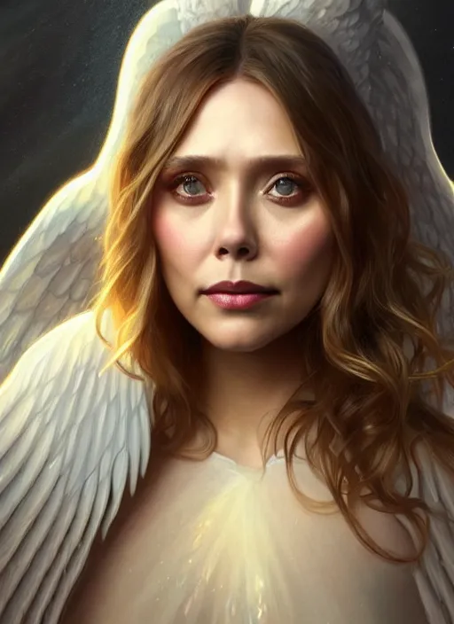 Image similar to portrait of elizabeth olsen as a angel, wings, bible, intricate, headshot, highly detailed, digital painting, artstation, concept art, sharp focus, cinematic lighting, illustration, art by artgerm and greg rutkowski, alphonse mucha, cgsociety