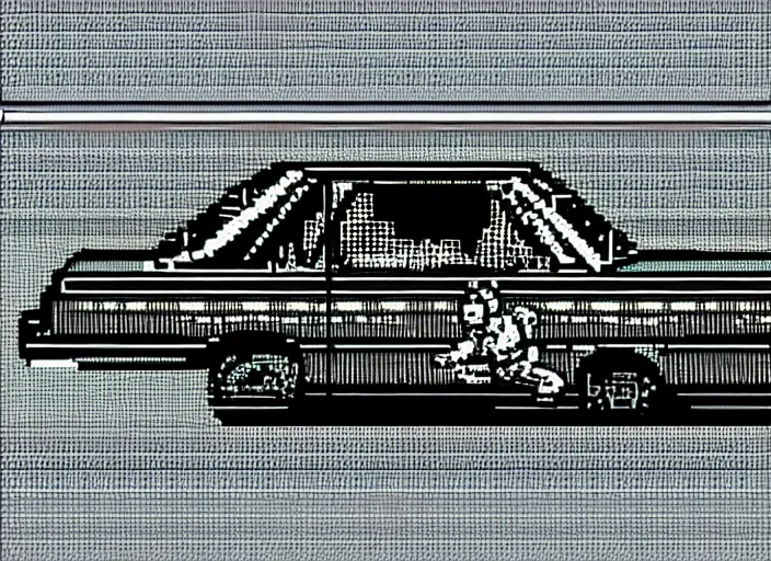 Prompt: synthesized hologram aiburning wrecked mercedes 1 2 4, pixelart, game 8 - bit monochrome gameboy!!, award winning. dramatic. trending on artstation, low resolution sync