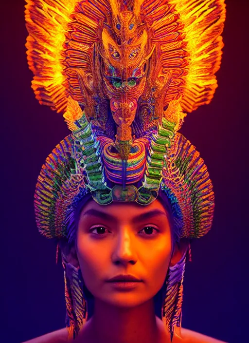 Image similar to 3 d mexican goddess medium shot portrait. beautiful intricate highly detailed quetzalcoatl helm and feathers. low - key lighting, bioluminescent, plasma, lava, ice, water, wind, creature, artwork by tooth wu and wlop and beeple and lee jeffries, 8 k trending on artstation,