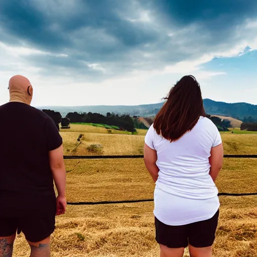 Image similar to portrait of a young fat bald white male tattoos and his young white female brown hair wife with tattoos. male is wearing a white t - shirt, tan shorts, white long socks. female is has long brown hair and a lot of tattoos. photo taken from behind them overlooking the field with a goat pen. rolling hills in the background of california and a partly cloudy sky