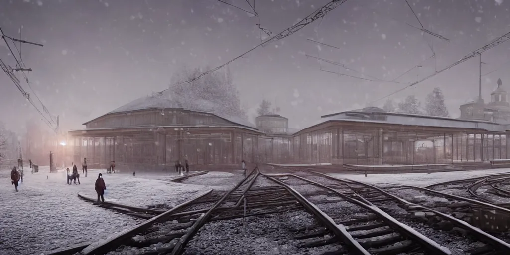 Image similar to hyper realistic render of soviet era 1 9 5 0's brutalism train station, located in the snow, puddles of water, by kait kybar, ivan shishkin, sunset, foggy, stunning skies, volumetric lighting, sharp focus, hyper detailed, digital art, cryengine