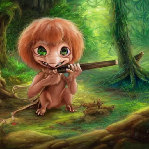 Prompt: beautiful painting of a cute chibi kobold, with rosy cheeks, in a forest. in the style of don bluth, disney, and hans zatzka. color harmony, 8 k detail, gallery quality, hd wallpaper, premium prints available.