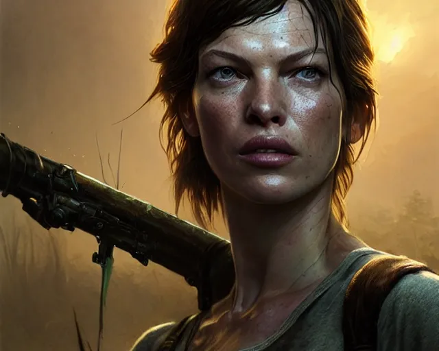 Image similar to highly detailed portrait of milla jovovich, in the last of us, stephen bliss, unreal engine, fantasy art by greg rutkowski, loish, rhads, ferdinand knab, makoto shinkai and lois van baarle, ilya kuvshinov, rossdraws, tom bagshaw, global illumination, radiant light, detailed and intricate environment