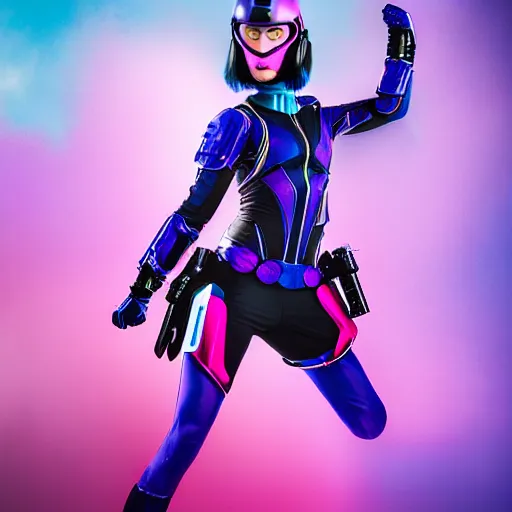 Image similar to a stunning high shutter speed action upper body portrait of a beautiful woman with a ombre purple pink hairstyle with head in motion and hair flying while wearing futuristic navy blue and teal battle bodyarmor and pauldrons by marvel comics, outrun, vaporware, action photography, highly detailed, fine detail, intricate, digital art, trending on artstation