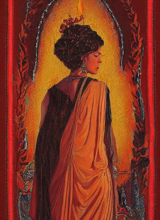 Prompt: Portrait of a beautiful priestess from the oracle of Delphi, looking into the flames, greek fabric by Julia Ustinovich