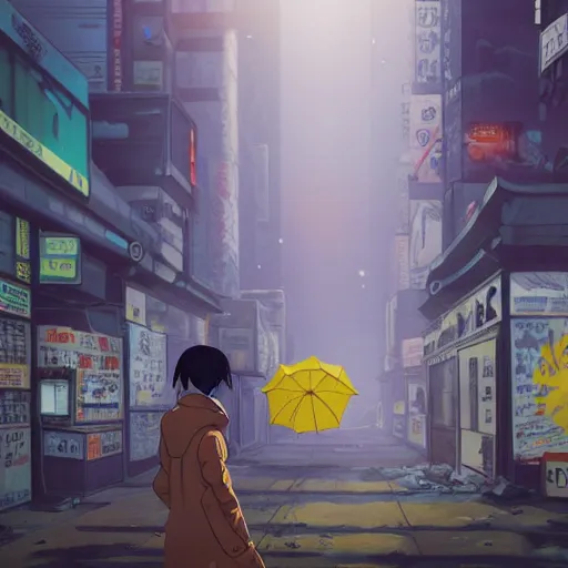 Image similar to incredible wide screenshot, ultrawide, simple watercolor, rough paper texture, ghost in the shell movie scene, backlit distant shot of girl in a parka running from a giant robot invasion side view, yellow parasol in deserted dusty shinjuku junk town, broken vending machines, bold graphic graffiti, old pawn shop, bright sun bleached ground, mud, fog, dust, windy, scary robot monster lurks in the background, ghost mask, teeth, animatronic, black smoke, pale beige sky, junk tv, texture, brown mud, dust, tangled overhead wires, telephone pole, dusty, dry, pencil marks, genius party,shinjuku, koji morimoto, katsuya terada, masamune shirow, tatsuyuki tanaka hd, 4k, remaster, dynamic camera angle, deep 3 point perspective, fish eye, dynamic scene