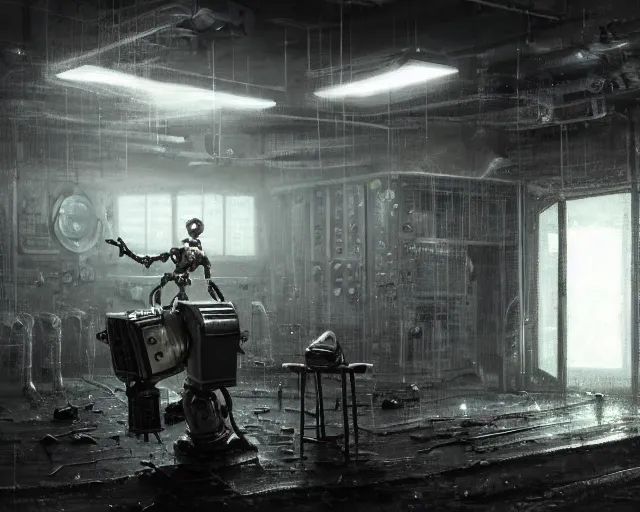 Prompt: gloomy ruined server room in datacenter robot figure automata headless robot knight colossus welder posing pacing fixing soldering mono sharp focus, emitting diodes, smoke, artillery, sparks, racks, system unit, motherboard, by pascal blanche rutkowski repin artstation hyperrealism painting concept art of detailed character design matte painting, 4 k resolution blade runner