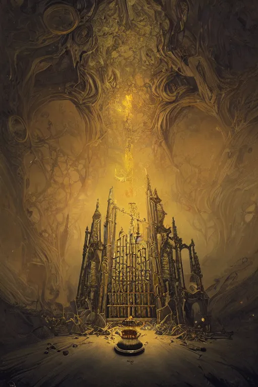 Prompt: illustration of close low angle view of an ornate obsidian gothic pipe organ with gold spidery embellishments, night, smoke, ground fog, by peter mohrbacher, by frank frazetta, by alex andreev, by vincent di fate, large depth of field, super detailed, digital art, trending on artstation, ornate