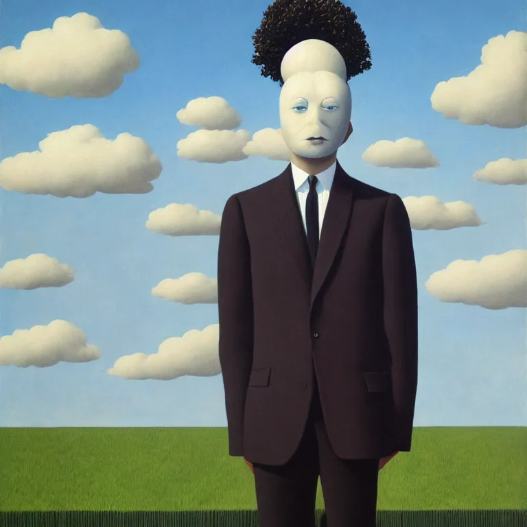 Image similar to portrait of a faceless beautiful flower - head man in a suit, clouds in the background, by rene magritte, detailed painting, distance, middle centered, hd, hq, high resolution, high detail, 4 k, 8 k