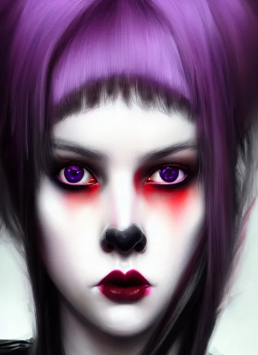 Image similar to portrait of white teenage girl, normal face, black bangs, mall goth, cyberlox, black and white hair, bangs, fluffy bangs, red contacts, purple lipstick, intricate, elegant, highly detailed, digital painting, artstation, concept art, sharp focus, smooth, illustration, art by wlop, mars ravelo and greg rutkowski