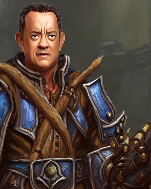 Prompt: tom hanks as a character in the game world of warcraft, with a background based on the game world of warcraft, detailed face