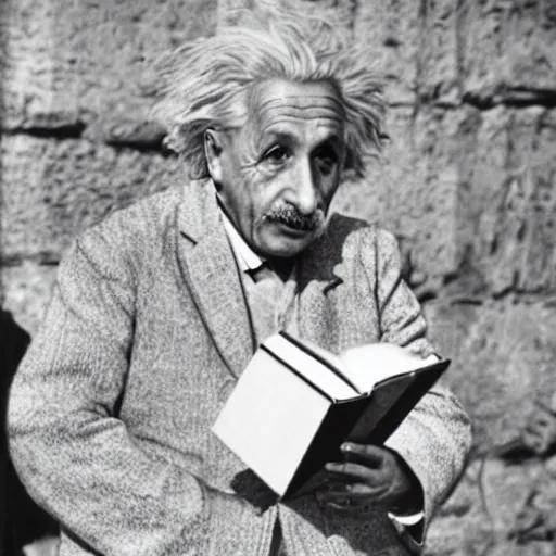 Prompt: photo realistic, high quality, alert einstein at the kotel wearing a kippah and holding a siddur prayer book preparing for evening prayers