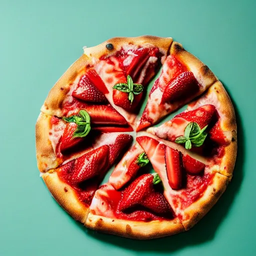 Prompt: a strawberry ((🍕)) made entirely out of 🍓, 🍓🍕 hybrid, 4k food photography,