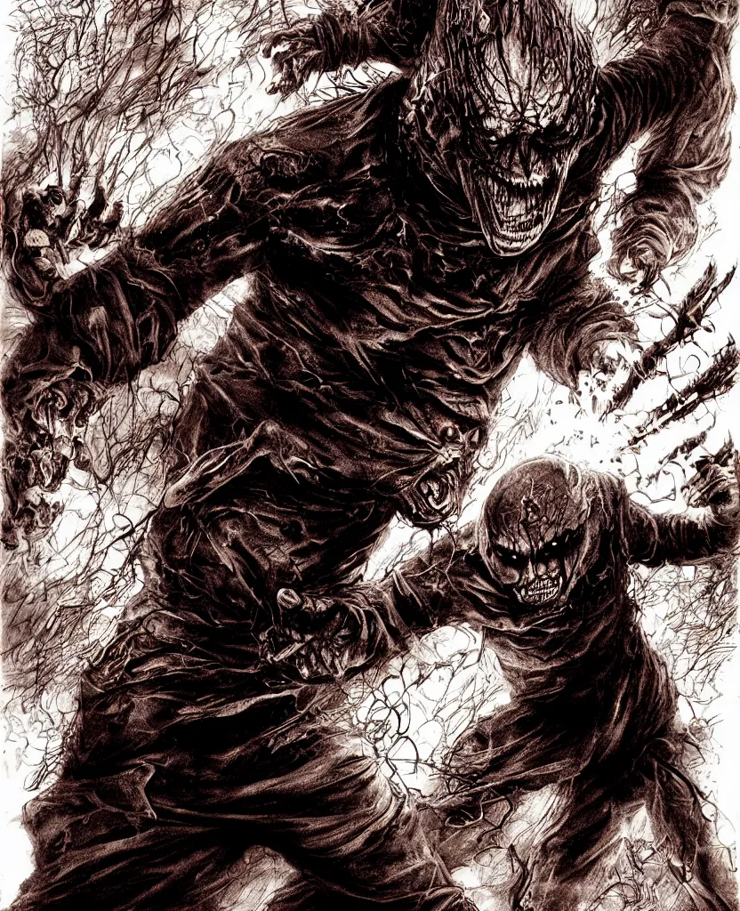 Image similar to a singed scary man with fire bursting out of him, dark colors, sinister atmosphere, dramatic lighting, cinematic, establishing shot, extremely high detail, photo realistic, cinematic lighting, pen and ink, intricate line drawings, by Yoshitaka Amano, Kentaro Miura, Artgerm, post processed, concept art, artstation, matte painting, style by eddie mendoza, raphael lacoste, alex ross