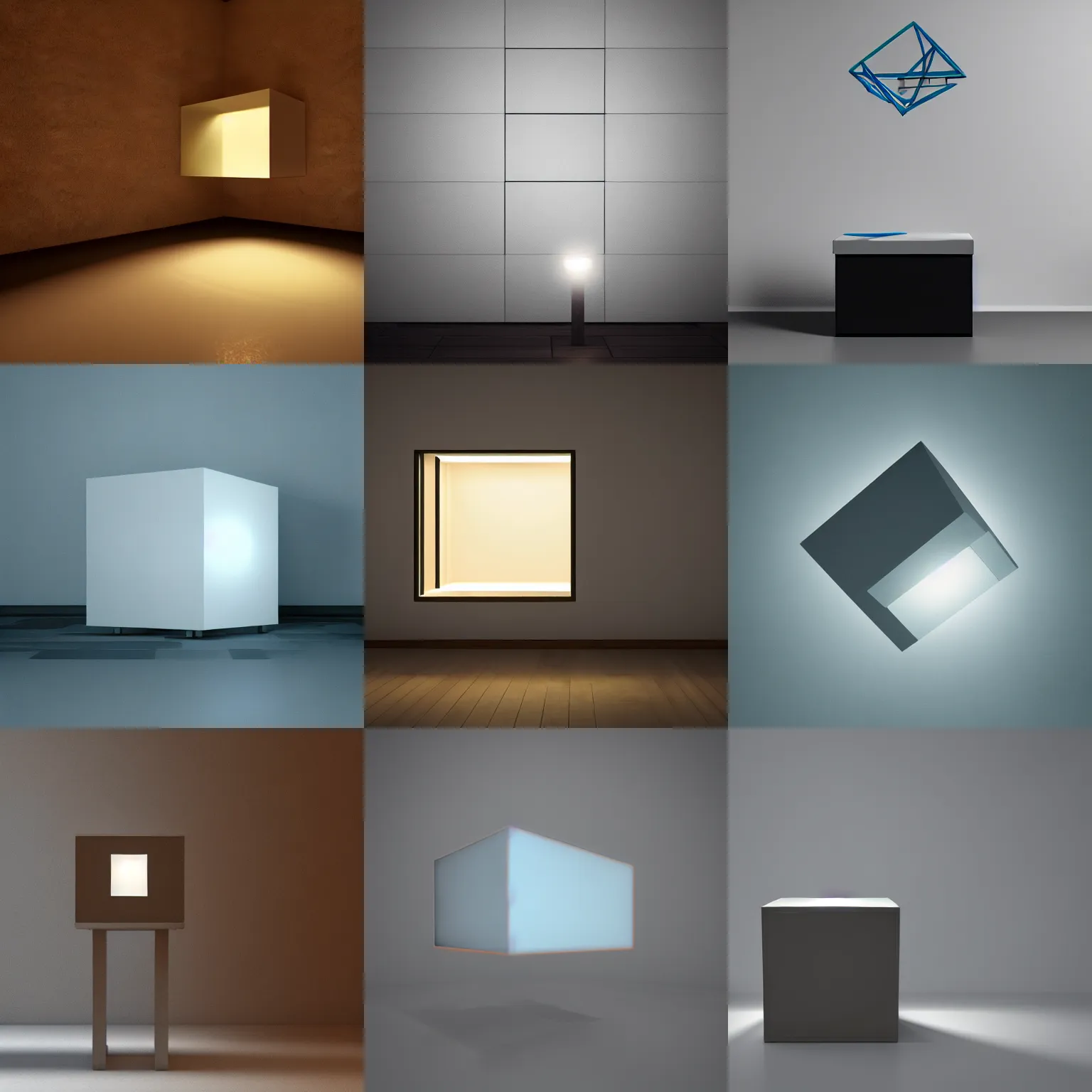 Image similar to a cube in a room with one light, octane render